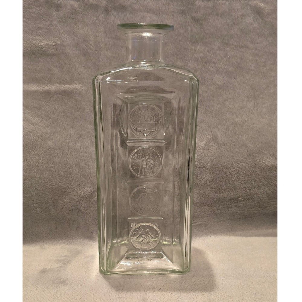 Vintage Clear Glass Square Decanter Embossed Coin Medallions 8.75" .Bottle